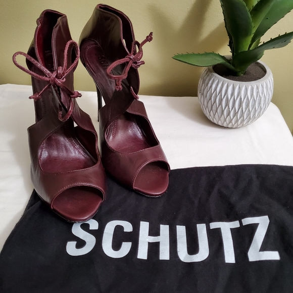 SCHUTZ | Burgundy Open-Toed Lace-up Heels - Picture 3 of 7